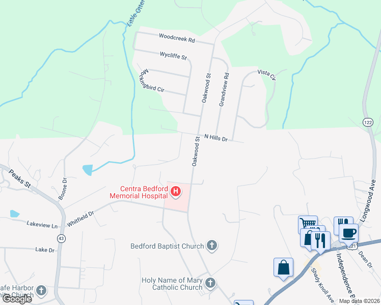 map of restaurants, bars, coffee shops, grocery stores, and more near 1633 Oakwood Street in Bedford