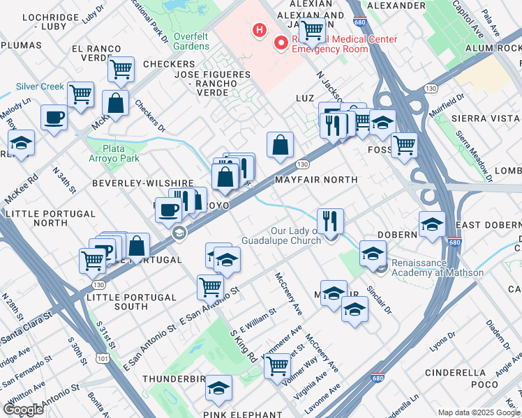 map of restaurants, bars, coffee shops, grocery stores, and more near 1954 Alum Rock Avenue in San Jose
