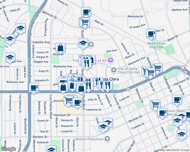 map of restaurants, bars, coffee shops, grocery stores, and more near 1690 Civic Center Drive in Santa Clara