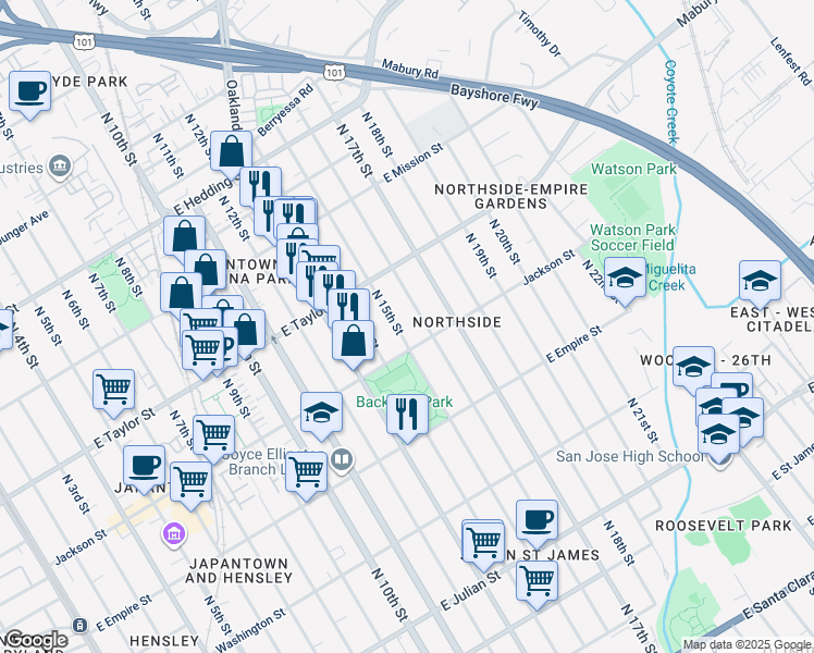map of restaurants, bars, coffee shops, grocery stores, and more near 607 North 16th Street in San Jose