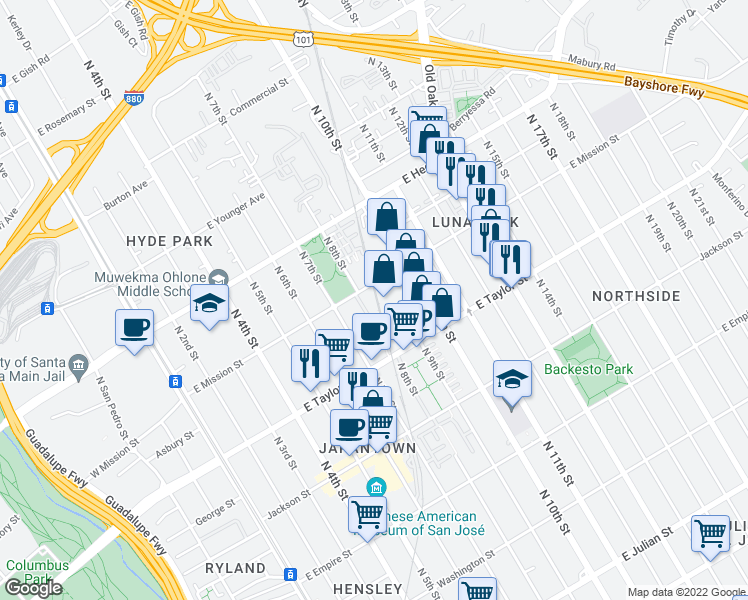 map of restaurants, bars, coffee shops, grocery stores, and more near 385 East Taylor Street in San Jose