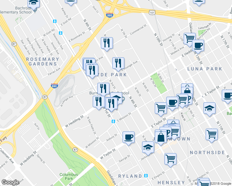 map of restaurants, bars, coffee shops, grocery stores, and more near 75 East Hedding Street in San Jose