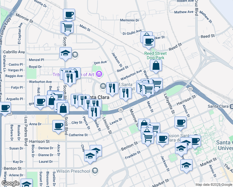 map of restaurants, bars, coffee shops, grocery stores, and more near in Santa Clara