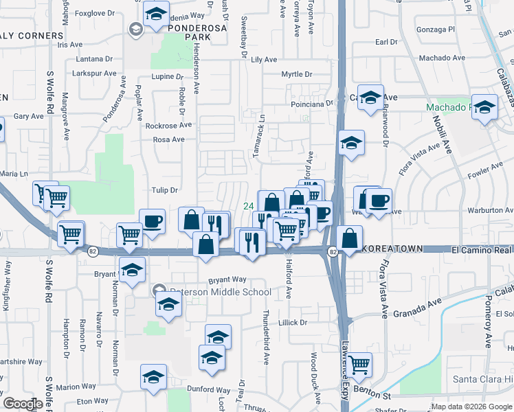 map of restaurants, bars, coffee shops, grocery stores, and more near 1004 Helen Avenue in Sunnyvale