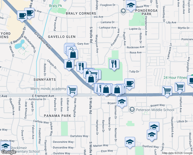 map of restaurants, bars, coffee shops, grocery stores, and more near 905 Sunrose Terrace in Sunnyvale