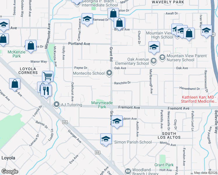map of restaurants, bars, coffee shops, grocery stores, and more near 1505 Grant Road in Los Altos