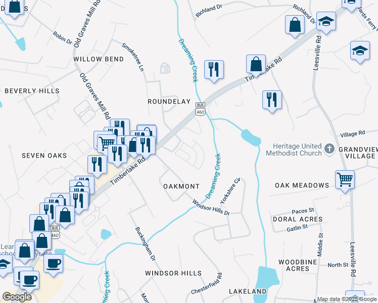 map of restaurants, bars, coffee shops, grocery stores, and more near 7612 Timberlake Road in Lynchburg