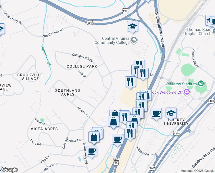 map of restaurants, bars, coffee shops, grocery stores, and more near 95 College Park Drive in Lynchburg