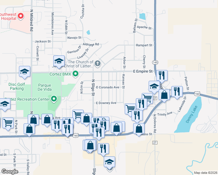 map of restaurants, bars, coffee shops, grocery stores, and more near 1901 East Coronado Avenue in Cortez