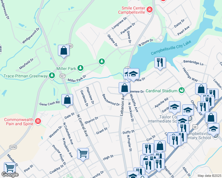 map of restaurants, bars, coffee shops, grocery stores, and more near 109 Patterson Court in Campbellsville