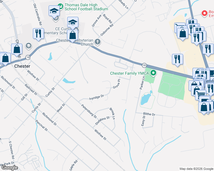 map of restaurants, bars, coffee shops, grocery stores, and more near 12400 Ivytree Terrace in Chester