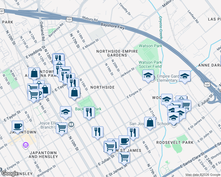 map of restaurants, bars, coffee shops, grocery stores, and more near 577n North 18th Street in San Jose