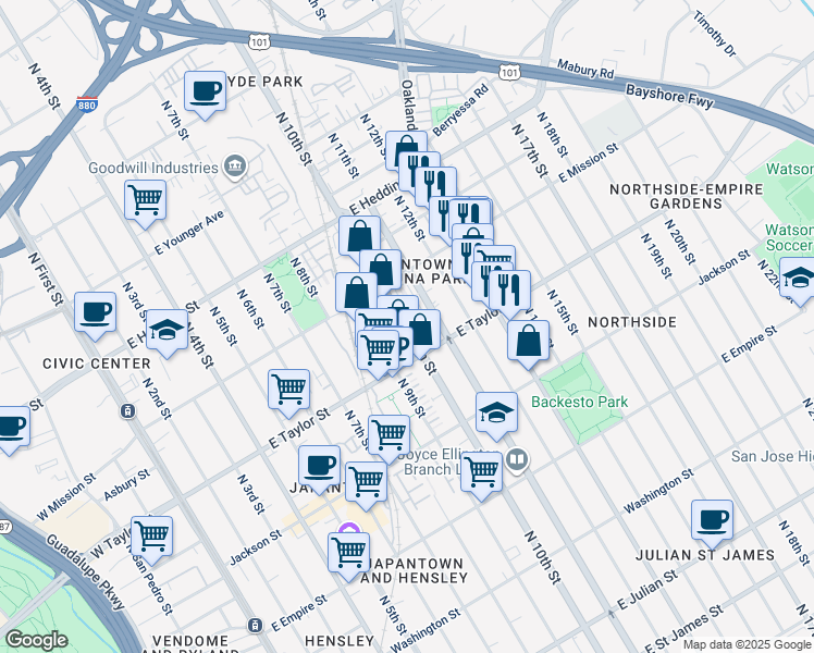map of restaurants, bars, coffee shops, grocery stores, and more near 741 North 10th Street in San Jose