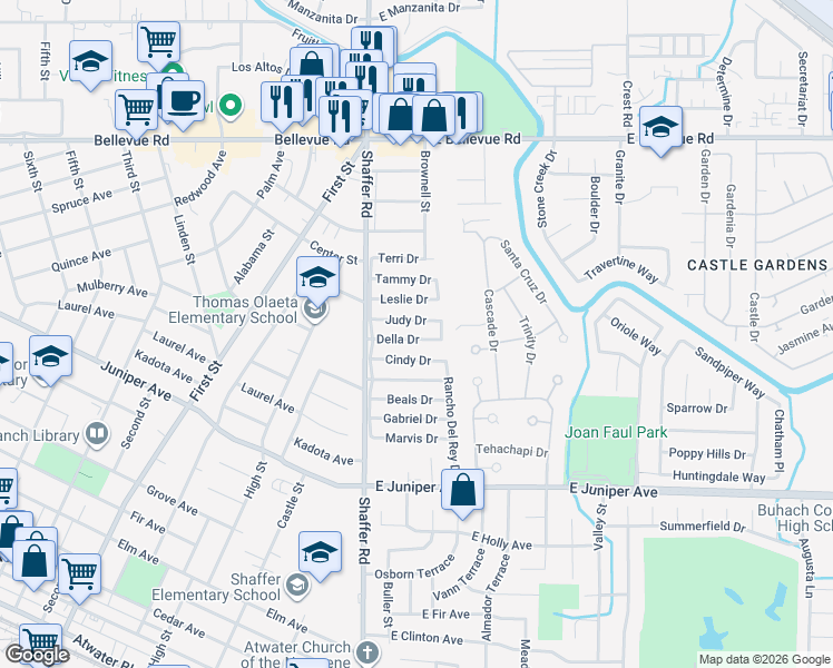 map of restaurants, bars, coffee shops, grocery stores, and more near 295 Della Drive in Atwater