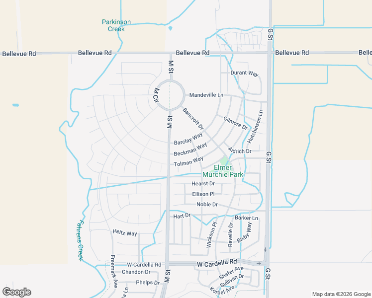 map of restaurants, bars, coffee shops, grocery stores, and more near 529 Beckman Way in Merced