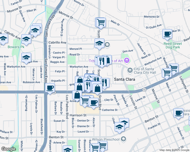 map of restaurants, bars, coffee shops, grocery stores, and more near 1687 Long Street in Santa Clara