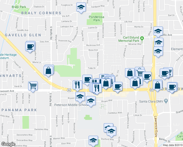 map of restaurants, bars, coffee shops, grocery stores, and more near 1227 Valerian Court in Sunnyvale
