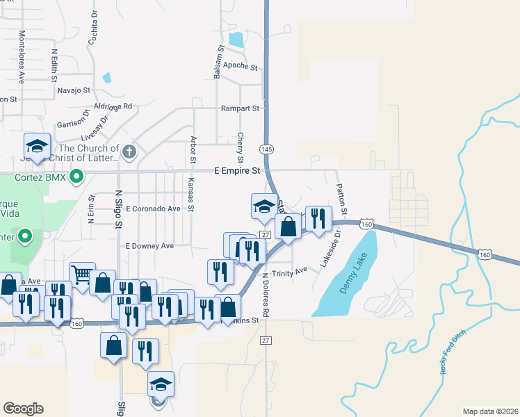map of restaurants, bars, coffee shops, grocery stores, and more near 531 North Dolores Road in Cortez