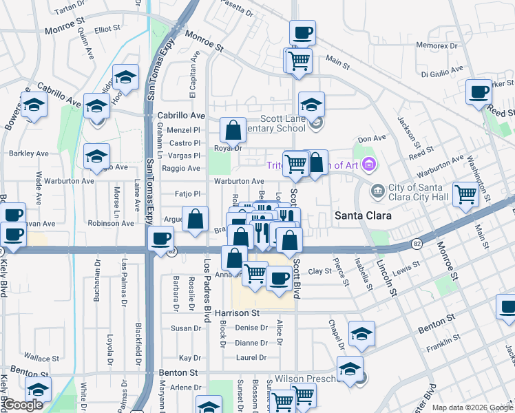 map of restaurants, bars, coffee shops, grocery stores, and more near 1698 Berna Street in Santa Clara