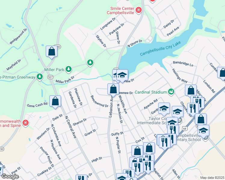 map of restaurants, bars, coffee shops, grocery stores, and more near 1100 Lebanon Avenue in Campbellsville