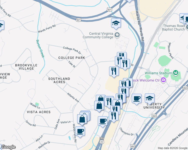 map of restaurants, bars, coffee shops, grocery stores, and more near 95 College Park Drive in Lynchburg