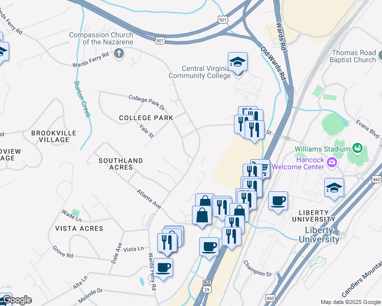 map of restaurants, bars, coffee shops, grocery stores, and more near 1601 Wards Ferry Road in Lynchburg