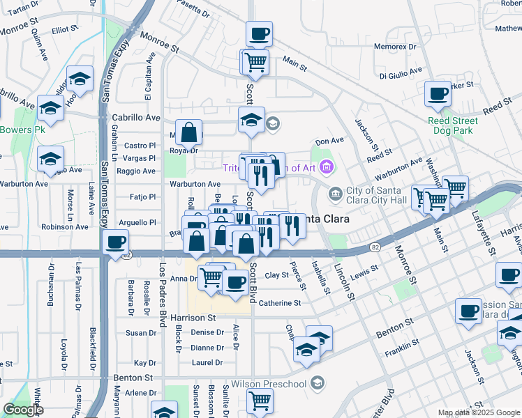 map of restaurants, bars, coffee shops, grocery stores, and more near 1675 Scott Boulevard in Santa Clara