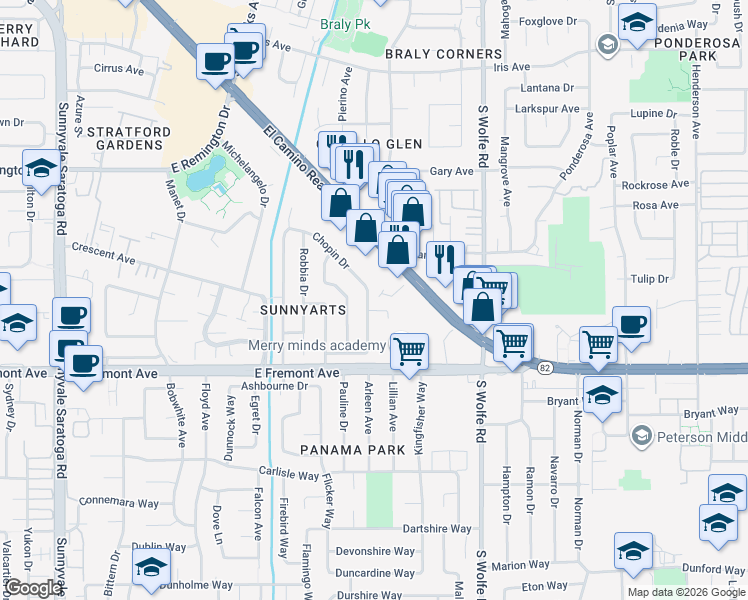 map of restaurants, bars, coffee shops, grocery stores, and more near 1214 Van Dyck Drive in Sunnyvale