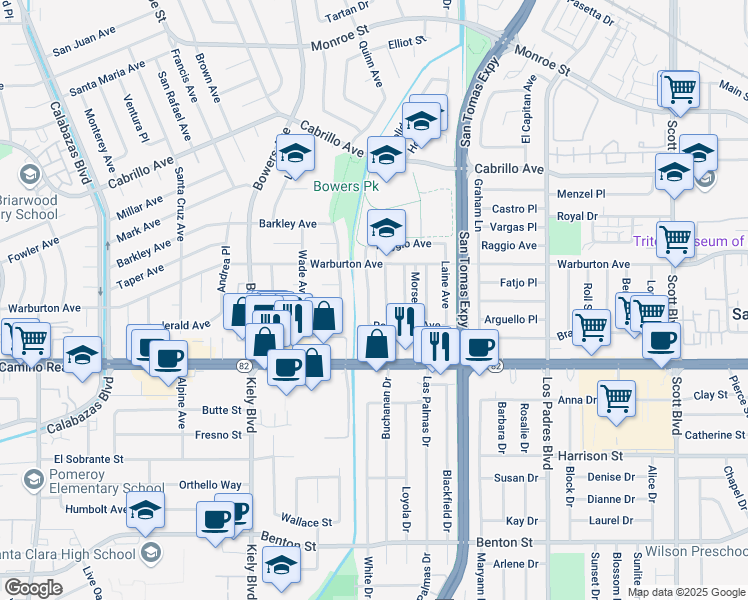 map of restaurants, bars, coffee shops, grocery stores, and more near 1749 Ravizza Avenue in Santa Clara