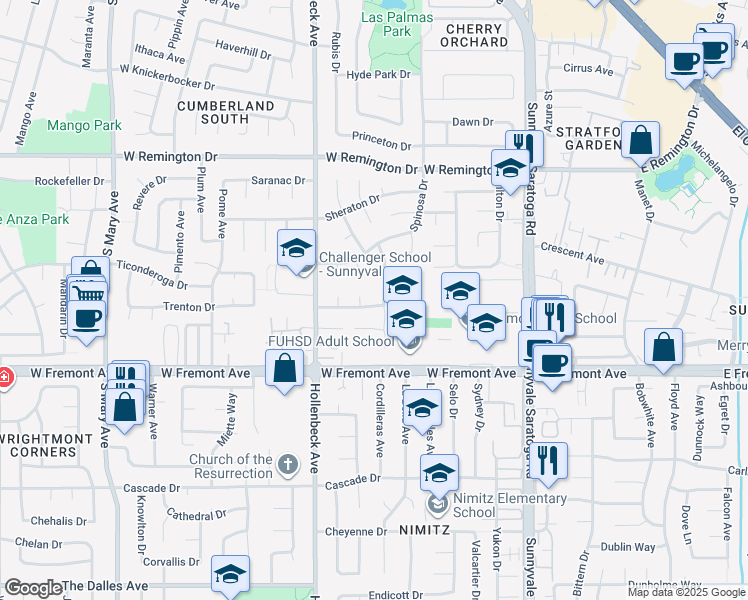 map of restaurants, bars, coffee shops, grocery stores, and more near 661 Vanderbilt Drive in Sunnyvale