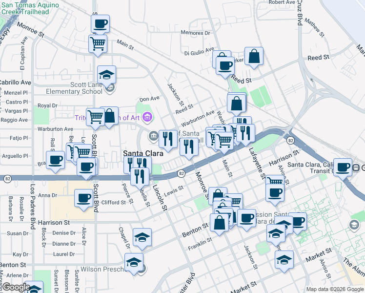 map of restaurants, bars, coffee shops, grocery stores, and more near 1658 Monroe Street in Santa Clara