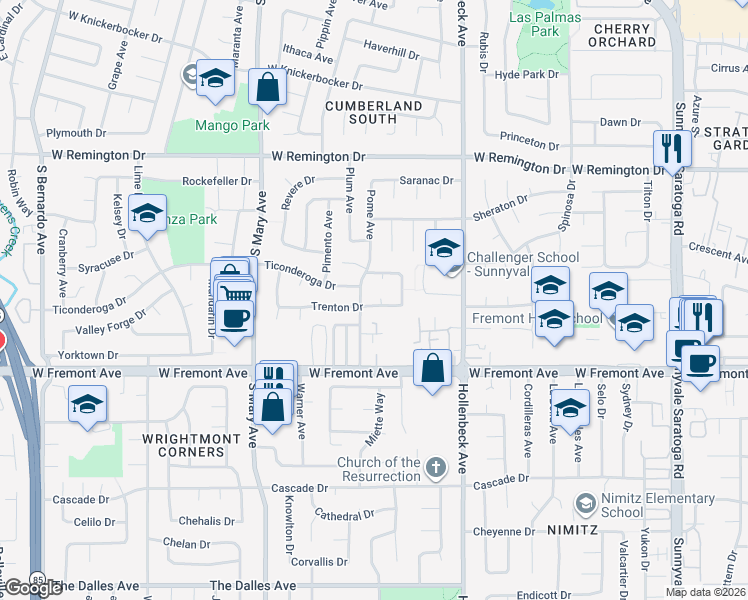 map of restaurants, bars, coffee shops, grocery stores, and more near 801 Trenton Drive in Sunnyvale