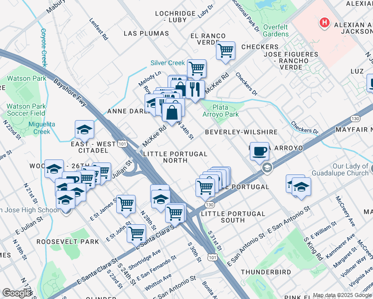map of restaurants, bars, coffee shops, grocery stores, and more near 1610 East Saint James Street in San Jose