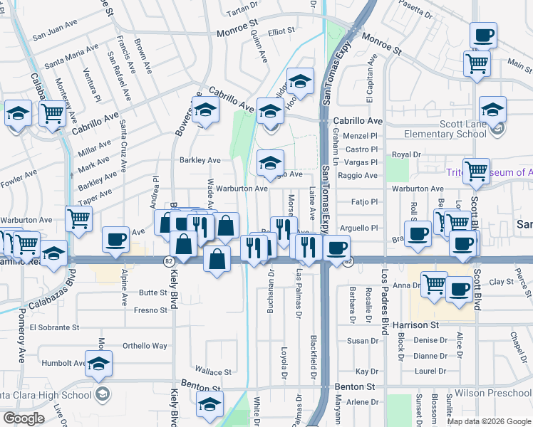 map of restaurants, bars, coffee shops, grocery stores, and more near 1749 Ravizza Avenue in Santa Clara