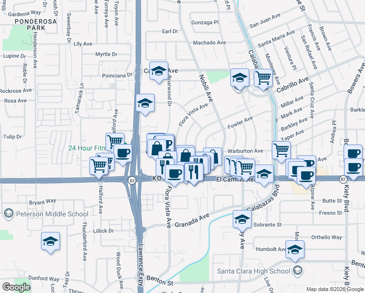 map of restaurants, bars, coffee shops, grocery stores, and more near 3493 San Marcos Way in Santa Clara