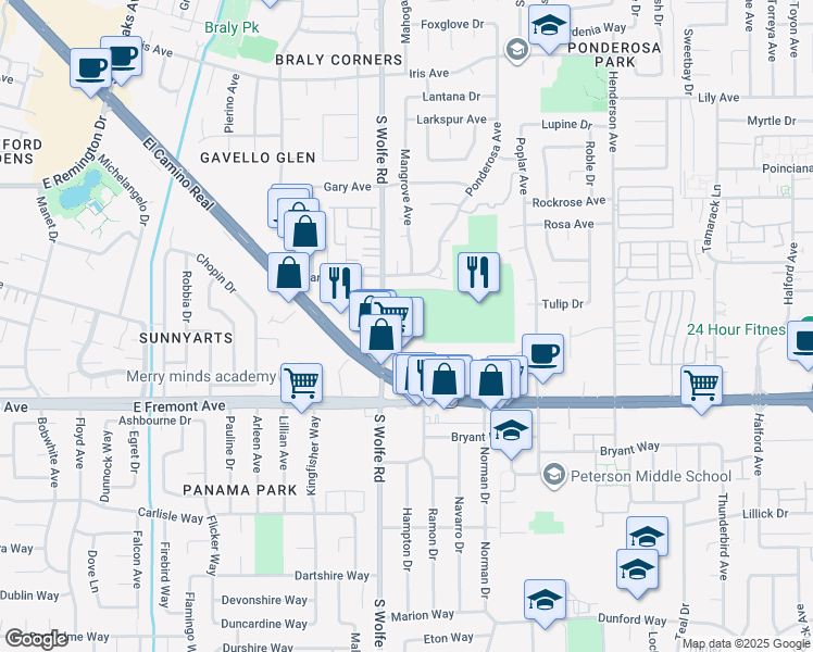 map of restaurants, bars, coffee shops, grocery stores, and more near 905 Sunrose Terrace in Sunnyvale