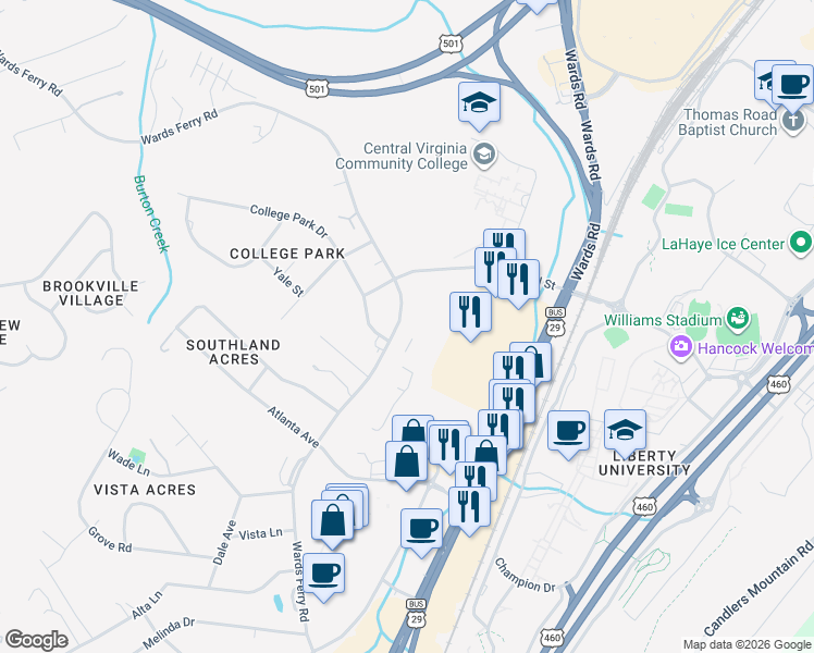 map of restaurants, bars, coffee shops, grocery stores, and more near 1603 Wards Ferry Road in Lynchburg