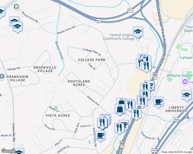 map of restaurants, bars, coffee shops, grocery stores, and more near 205 Dean Street in Lynchburg