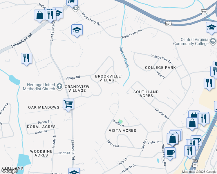 map of restaurants, bars, coffee shops, grocery stores, and more near 207 Stonehouse Drive in Lynchburg