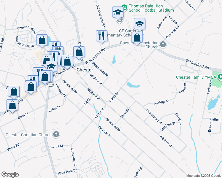 map of restaurants, bars, coffee shops, grocery stores, and more near 12225 Winfree Street in Chester