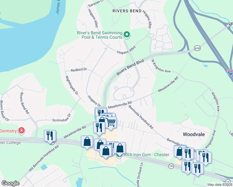 map of restaurants, bars, coffee shops, grocery stores, and more near 12506 Green Garden Place in Chester