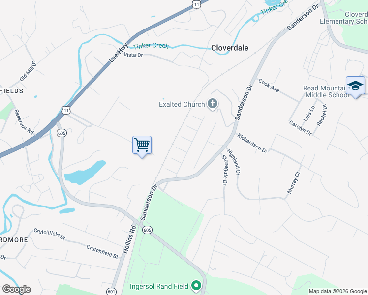 map of restaurants, bars, coffee shops, grocery stores, and more near Altamira Drive in Roanoke