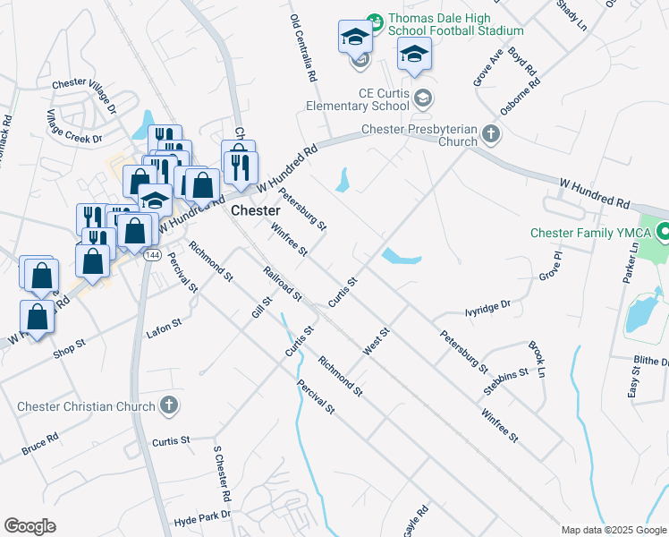 map of restaurants, bars, coffee shops, grocery stores, and more near 12225 Winfree Street in Chester