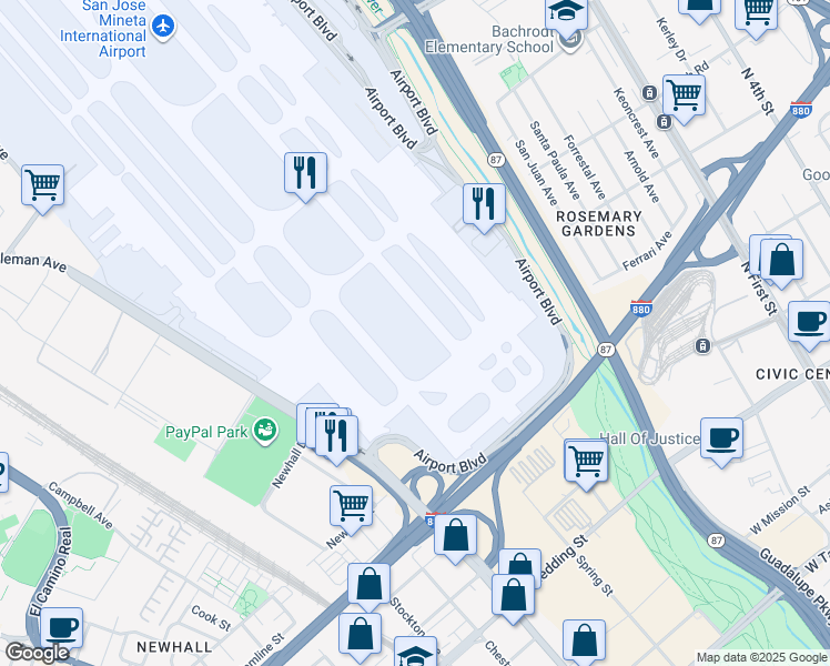 map of restaurants, bars, coffee shops, grocery stores, and more near in San Jose