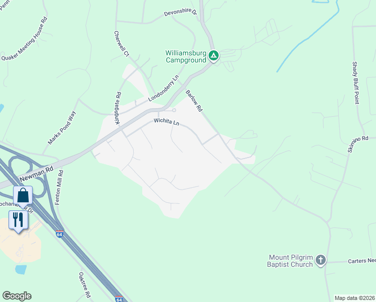 map of restaurants, bars, coffee shops, grocery stores, and more near 115 Nina Circle in Williamsburg