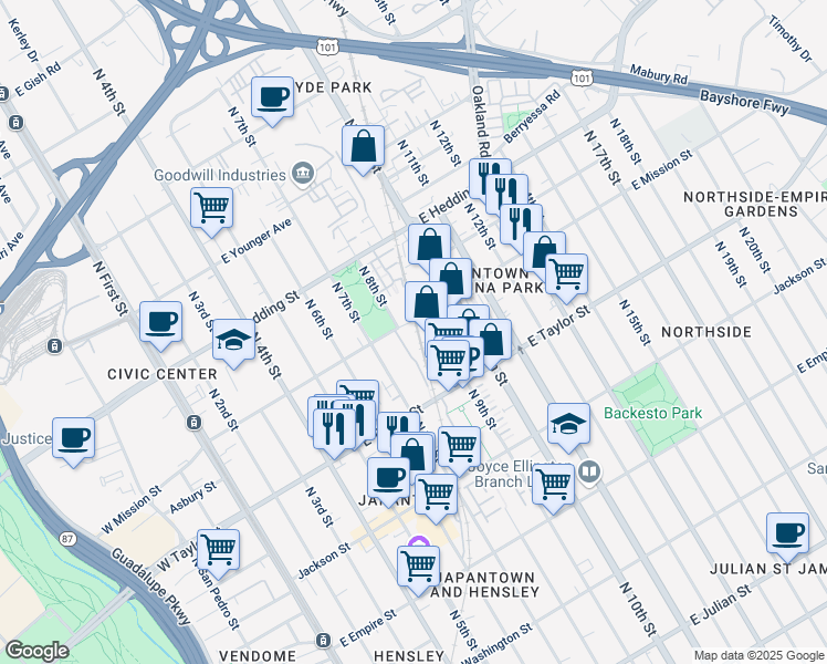 map of restaurants, bars, coffee shops, grocery stores, and more near 350 East Mission Street in San Jose