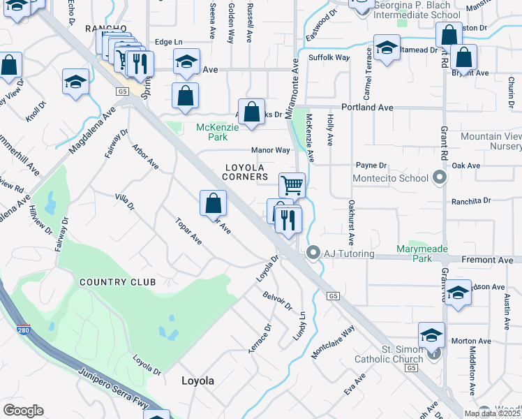 map of restaurants, bars, coffee shops, grocery stores, and more near 919 Fremont Avenue in Los Altos