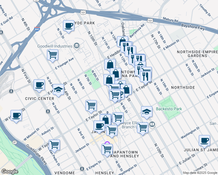 map of restaurants, bars, coffee shops, grocery stores, and more near 385 East Taylor Street in San Jose