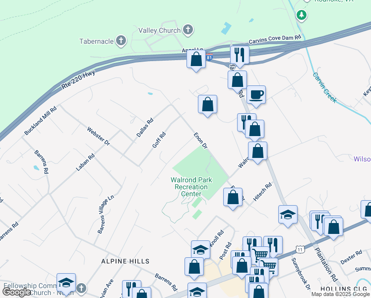 map of restaurants, bars, coffee shops, grocery stores, and more near 7009 Tinkerdale Road in Hollins