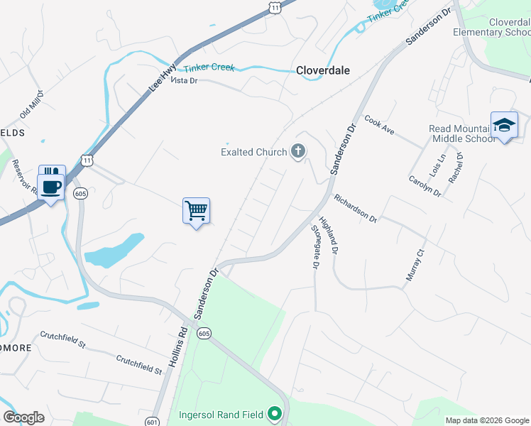 map of restaurants, bars, coffee shops, grocery stores, and more near Altamira Drive in Roanoke